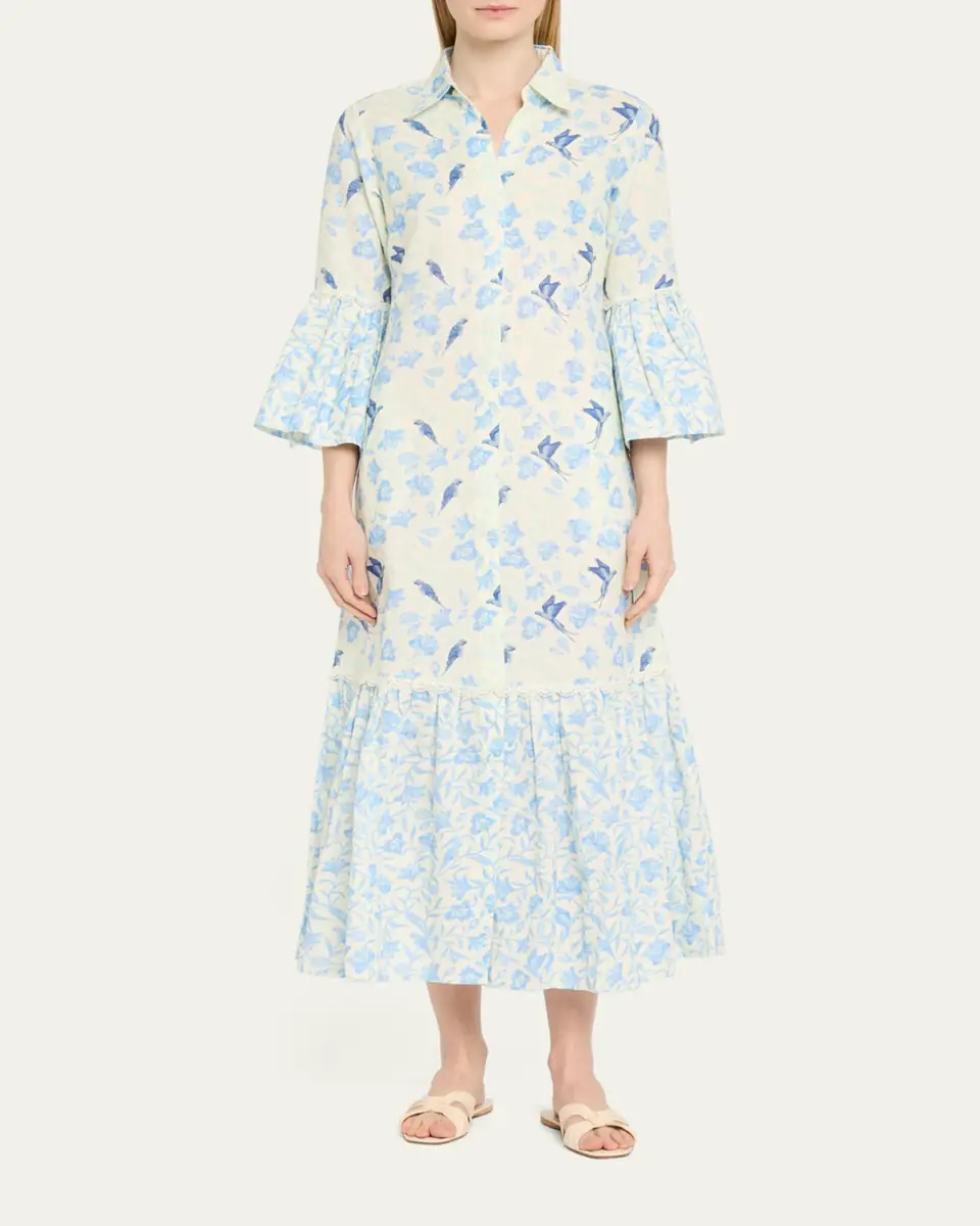 Verandah Floral Bird Linen-Cotton Midi Shirtdress | Thumbnail 2 Verandah Floral Bird Linen-Cotton Midi Shirtdress | Thumbnail 2