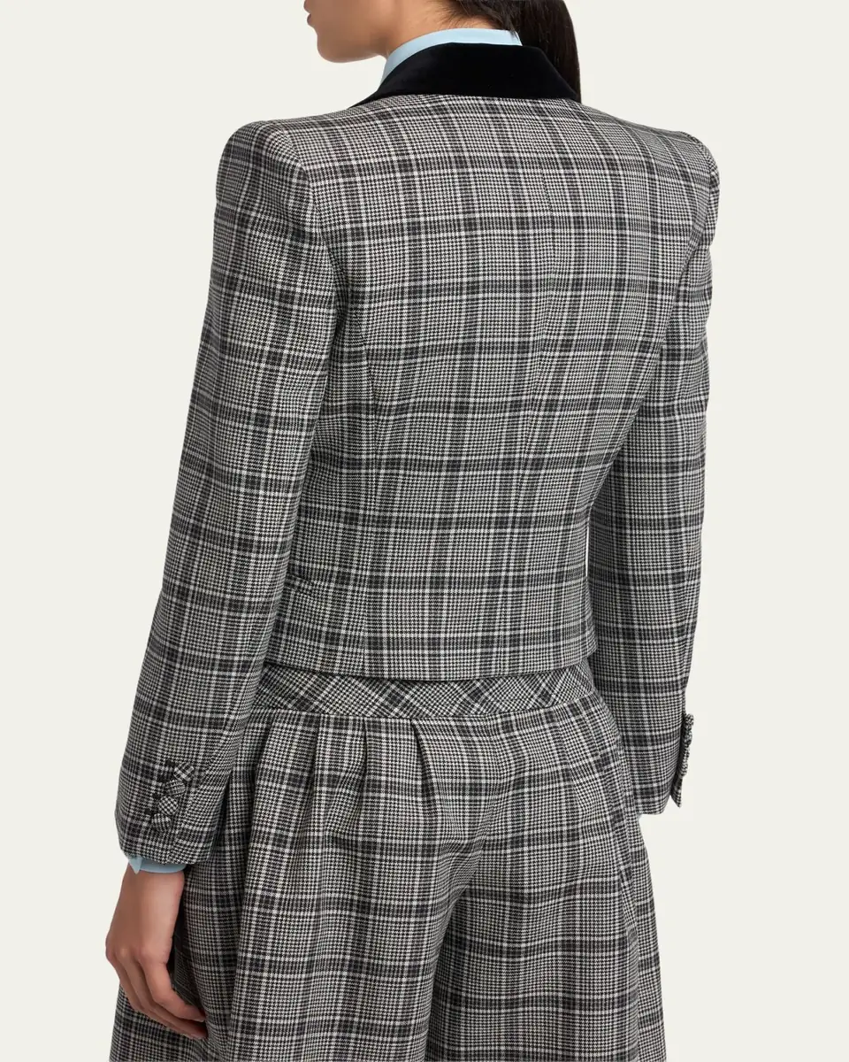 Valentino Garavani Velvet-Trim Check Double-Breasted Jacket | Thumbnail 3 Valentino Garavani Velvet-Trim Check Double-Breasted Jacket | Thumbnail 3
