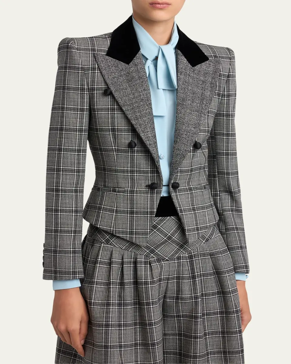 Valentino Garavani Velvet-Trim Check Double-Breasted Jacket | Thumbnail 4 Valentino Garavani Velvet-Trim Check Double-Breasted Jacket | Thumbnail 4