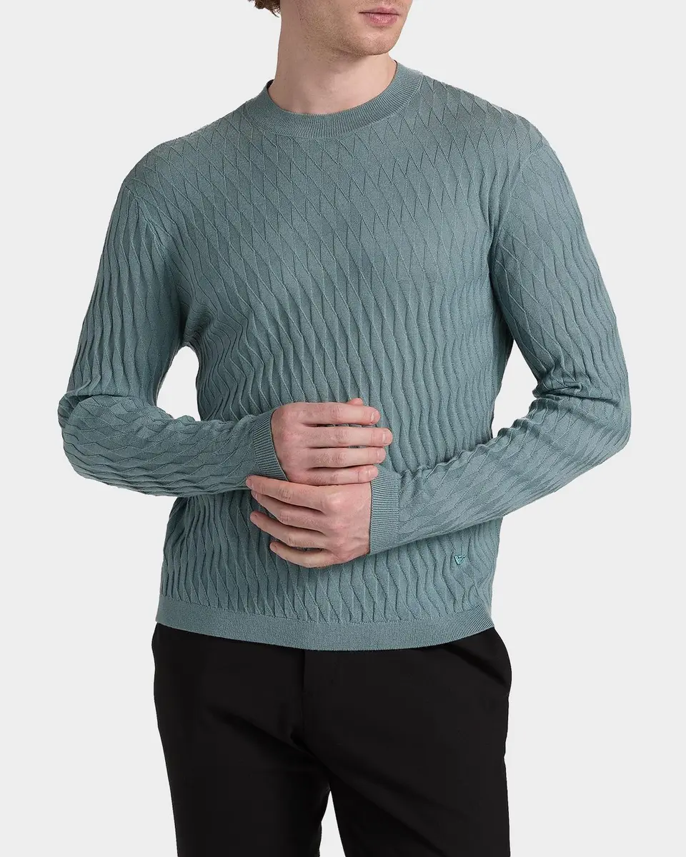Emporio Armani Men's Wool Tonal Jacquard Crewneck Sweater | Thumbnail 4 Emporio Armani Men's Wool Tonal Jacquard Crewneck Sweater | Thumbnail 4