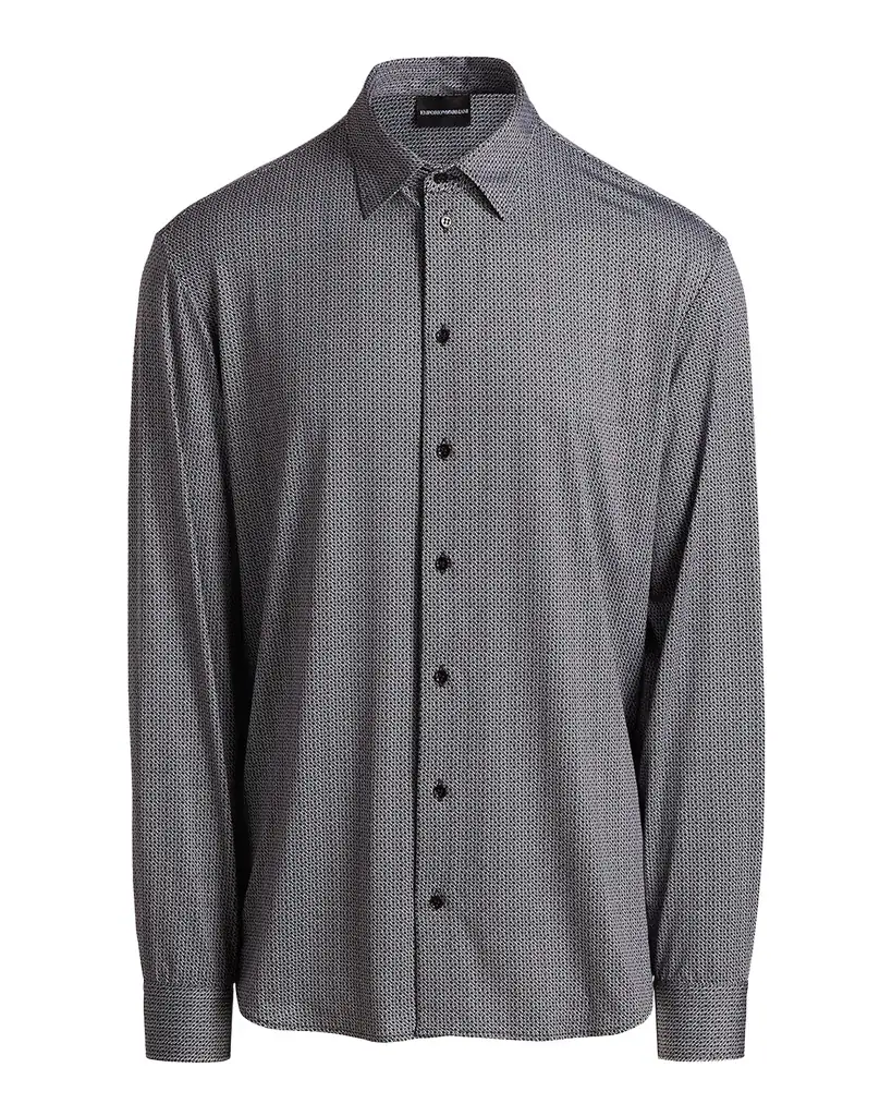 Emporio Armani Men's Polyester and Cotton Micro-Geometric Sport Shirt | Image 1 Emporio Armani Men's Polyester and Cotton Micro-Geometric Sport Shirt | Image 1
