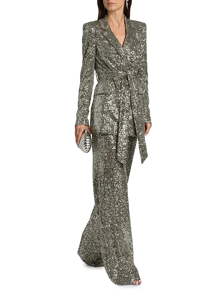 BADGLEY MISCHKA Women's Sequined High-Rise Wide-Leg Evening Pants | Thumbnail 2