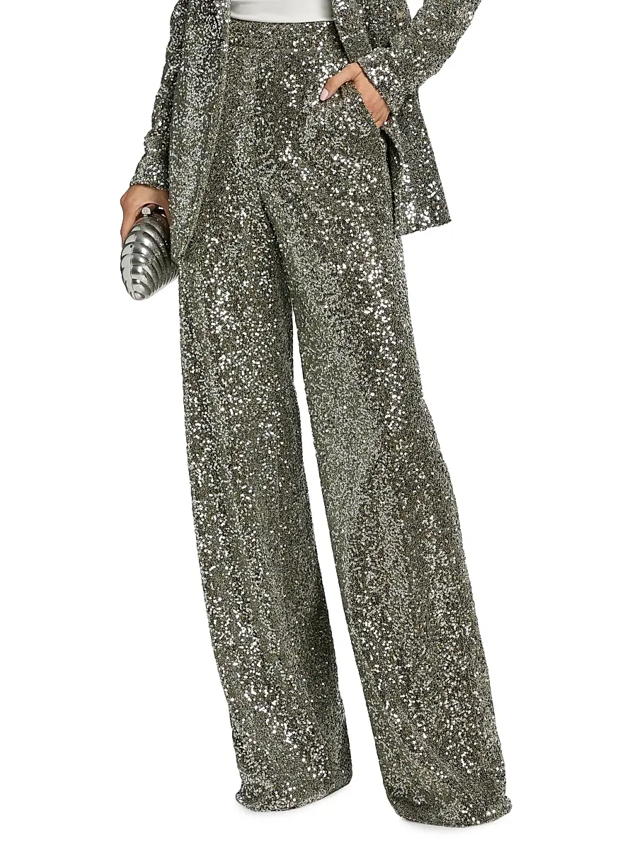 BADGLEY MISCHKA Women's Sequined High-Rise Wide-Leg Evening Pants | Thumbnail 3
