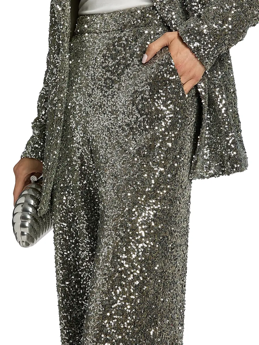 BADGLEY MISCHKA Women's Sequined High-Rise Wide-Leg Evening Pants | Thumbnail 6