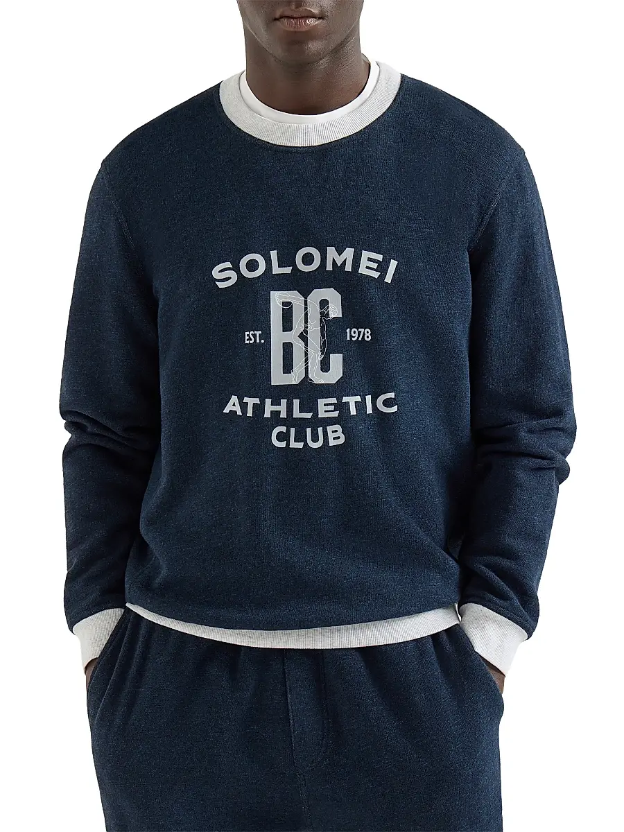 Brunello Cucinelli Men's Cotton and Linen Mélange French Terry Sweatshirt with Print - Navy Blue | Thumbnail 2