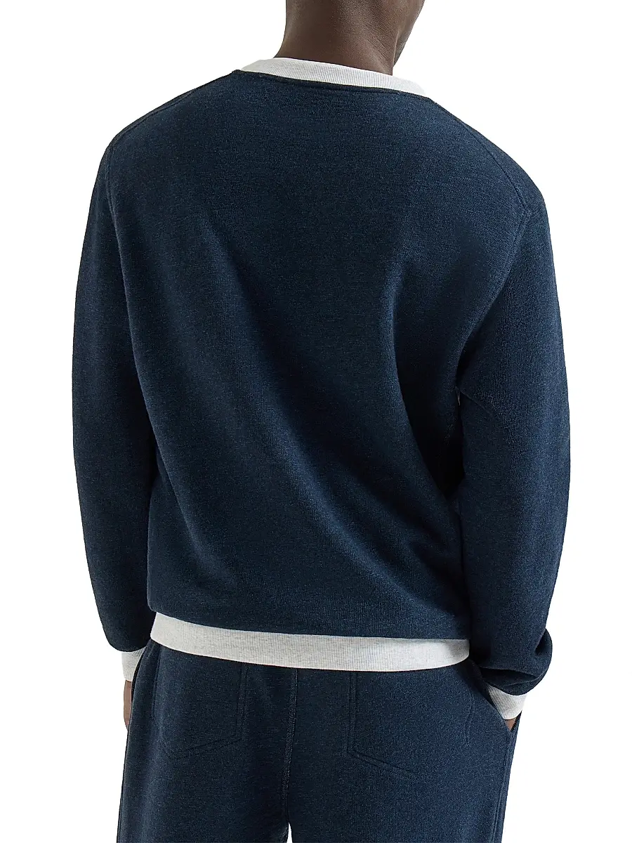 Brunello Cucinelli Men's Cotton and Linen Mélange French Terry Sweatshirt with Print - Navy Blue | Thumbnail 3