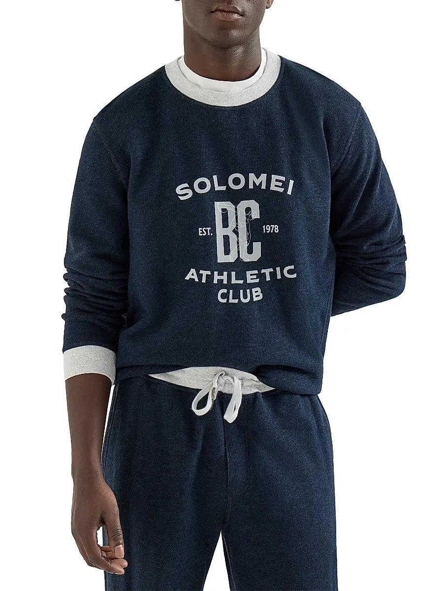 Brunello Cucinelli Men's Cotton and Linen Mélange French Terry Sweatshirt with Print - Navy Blue | Thumbnail 4