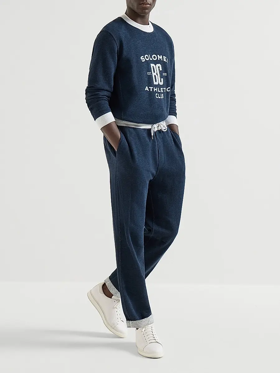 Brunello Cucinelli Men's Cotton and Linen Mélange French Terry Sweatshirt with Print - Navy Blue | Thumbnail 6