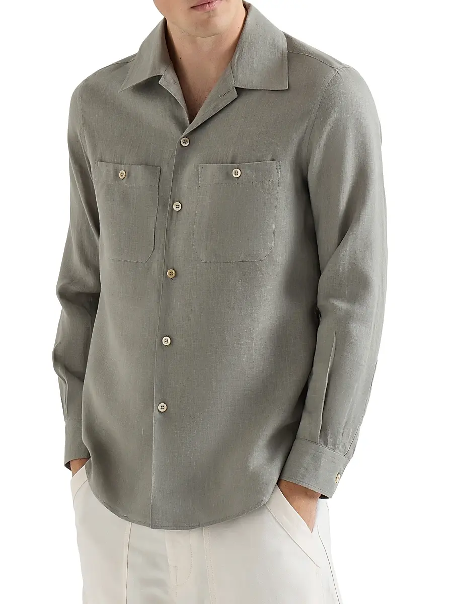Brunello Cucinelli Men's Linen Easy Fit Shirt with Chest Pockets | Thumbnail 2 Brunello Cucinelli Men's Linen Easy Fit Shirt with Chest Pockets | Thumbnail 2