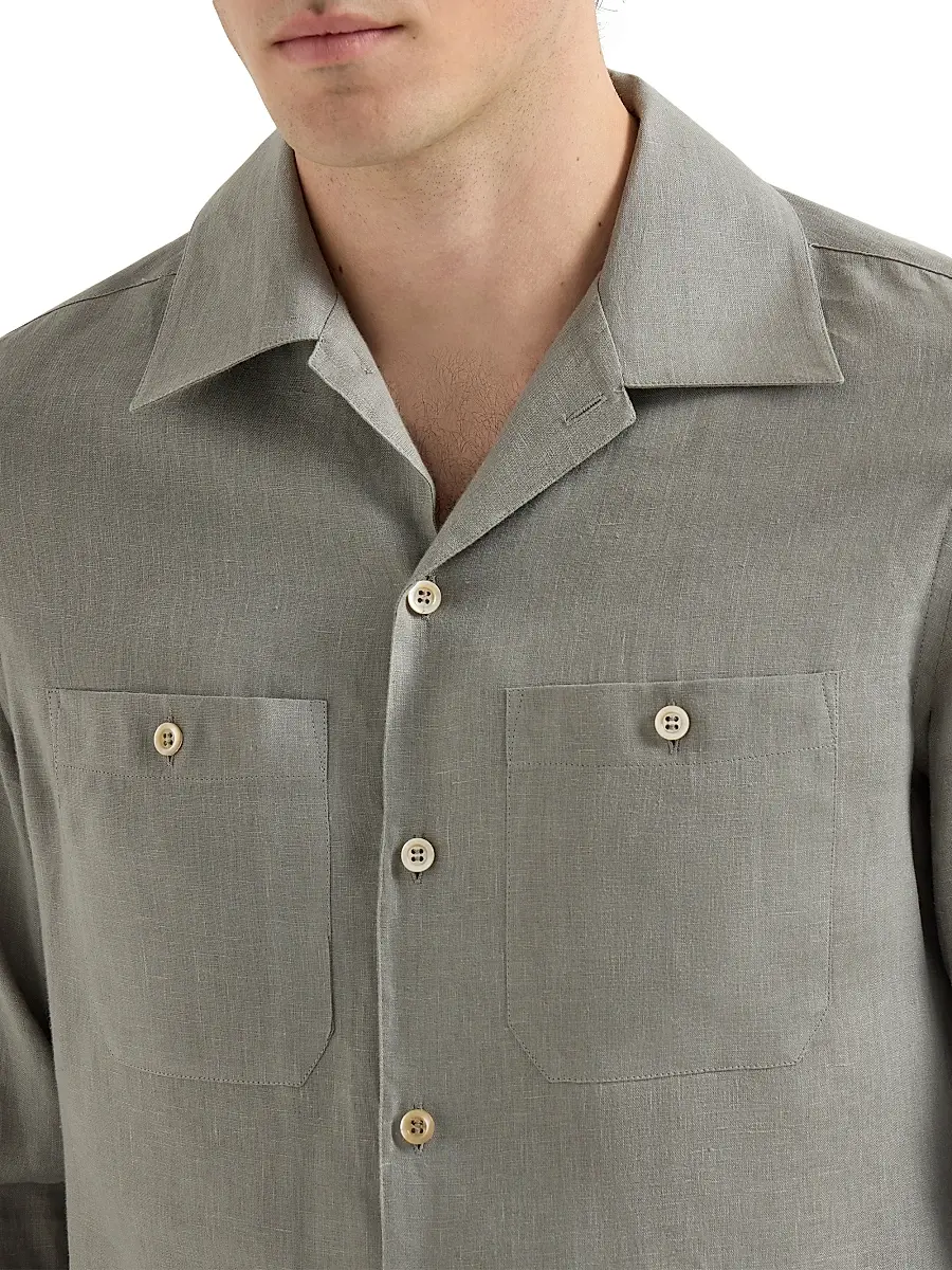 Brunello Cucinelli Men's Linen Easy Fit Shirt with Chest Pockets | Thumbnail 4 Brunello Cucinelli Men's Linen Easy Fit Shirt with Chest Pockets | Thumbnail 4