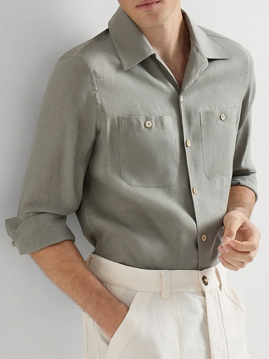 Brunello Cucinelli Men's Linen Easy Fit Shirt with Chest Pockets | Thumbnail 5 Brunello Cucinelli Men's Linen Easy Fit Shirt with Chest Pockets | Thumbnail 5
