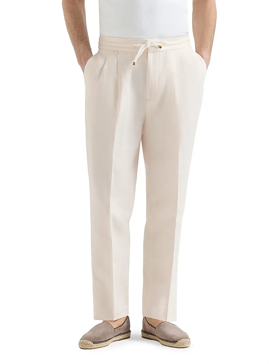 Brunello Cucinelli Men's Linen and Cotton Drill Trousers with Drawstring and Double Pleats - Off White | Thumbnail 2 Brunello Cucinelli Men's Linen and Cotton Drill Trousers with Drawstring and Double Pleats - Off White | Thumbnail 2