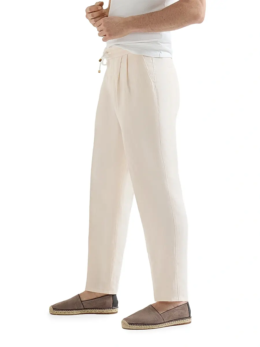 Brunello Cucinelli Men's Linen and Cotton Drill Trousers with Drawstring and Double Pleats - Off White | Thumbnail 3 Brunello Cucinelli Men's Linen and Cotton Drill Trousers with Drawstring and Double Pleats - Off White | Thumbnail 3