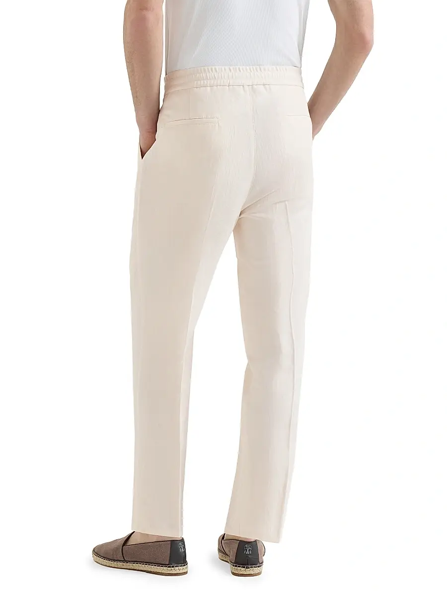 Brunello Cucinelli Men's Linen and Cotton Drill Trousers with Drawstring and Double Pleats - Off White | Thumbnail 4 Brunello Cucinelli Men's Linen and Cotton Drill Trousers with Drawstring and Double Pleats - Off White | Thumbnail 4