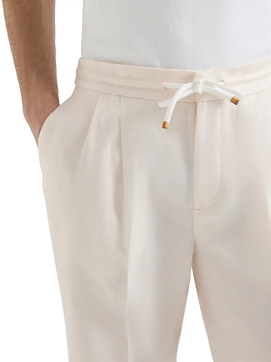 Brunello Cucinelli Men's Linen and Cotton Drill Trousers with Drawstring and Double Pleats - Off White | Thumbnail 5 Brunello Cucinelli Men's Linen and Cotton Drill Trousers with Drawstring and Double Pleats - Off White | Thumbnail 5