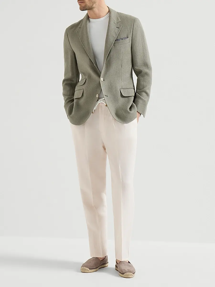 Brunello Cucinelli Men's Linen and Cotton Drill Trousers with Drawstring and Double Pleats - Off White | Thumbnail 6 Brunello Cucinelli Men's Linen and Cotton Drill Trousers with Drawstring and Double Pleats - Off White | Thumbnail 6