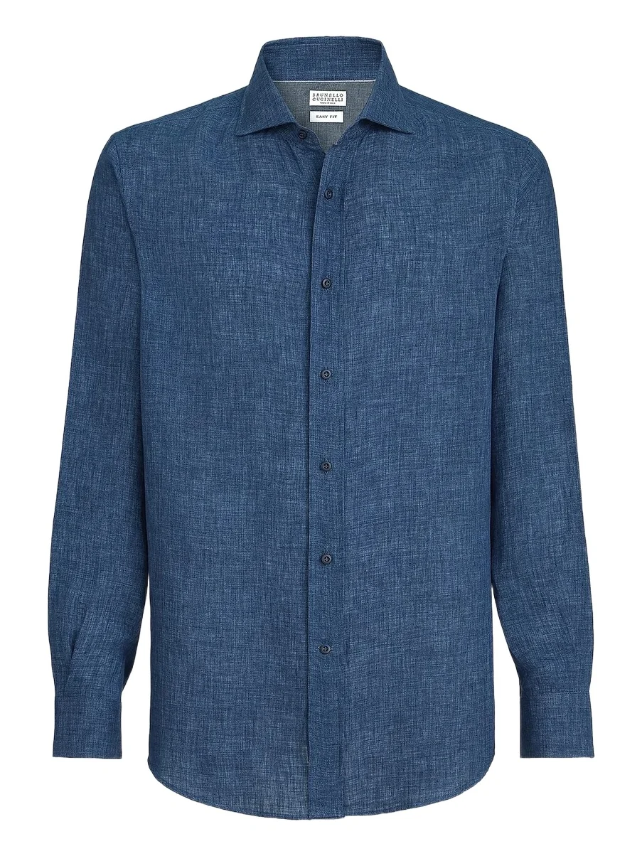 Brunello Cucinelli Men's Délavé Linen Easy Fit Shirt with Spread Collar - Navy Blue