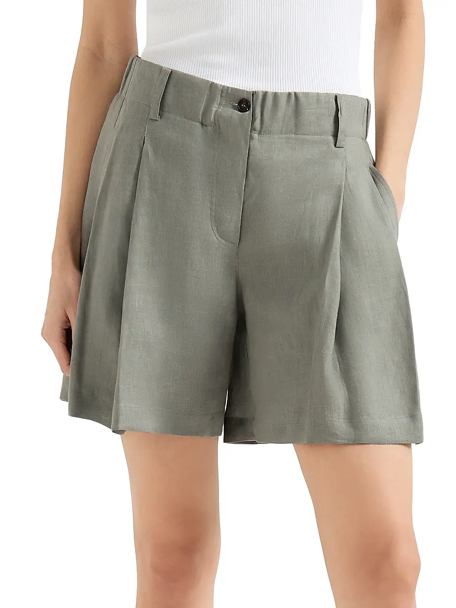 Brunello Cucinelli Women's Linen Shorts with Drawstring and Pleats - Khaki | Thumbnail 2 Brunello Cucinelli Women's Linen Shorts with Drawstring and Pleats - Khaki | Thumbnail 2