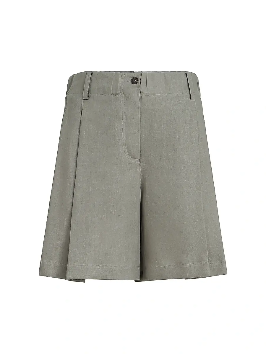 Women's Linen Shorts with Drawstring and Pleats - Khaki Women's Linen Shorts with Drawstring and Pleats - Khaki