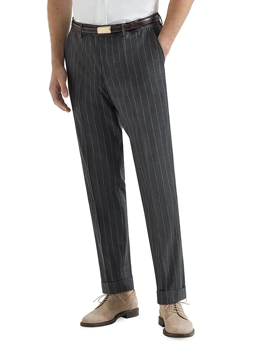 Brunello Cucinelli Men's Super 150s Virgin Wool Wide Chalk Stripe Batavia Trousers | Thumbnail 2 Brunello Cucinelli Men's Super 150s Virgin Wool Wide Chalk Stripe Batavia Trousers | Thumbnail 2