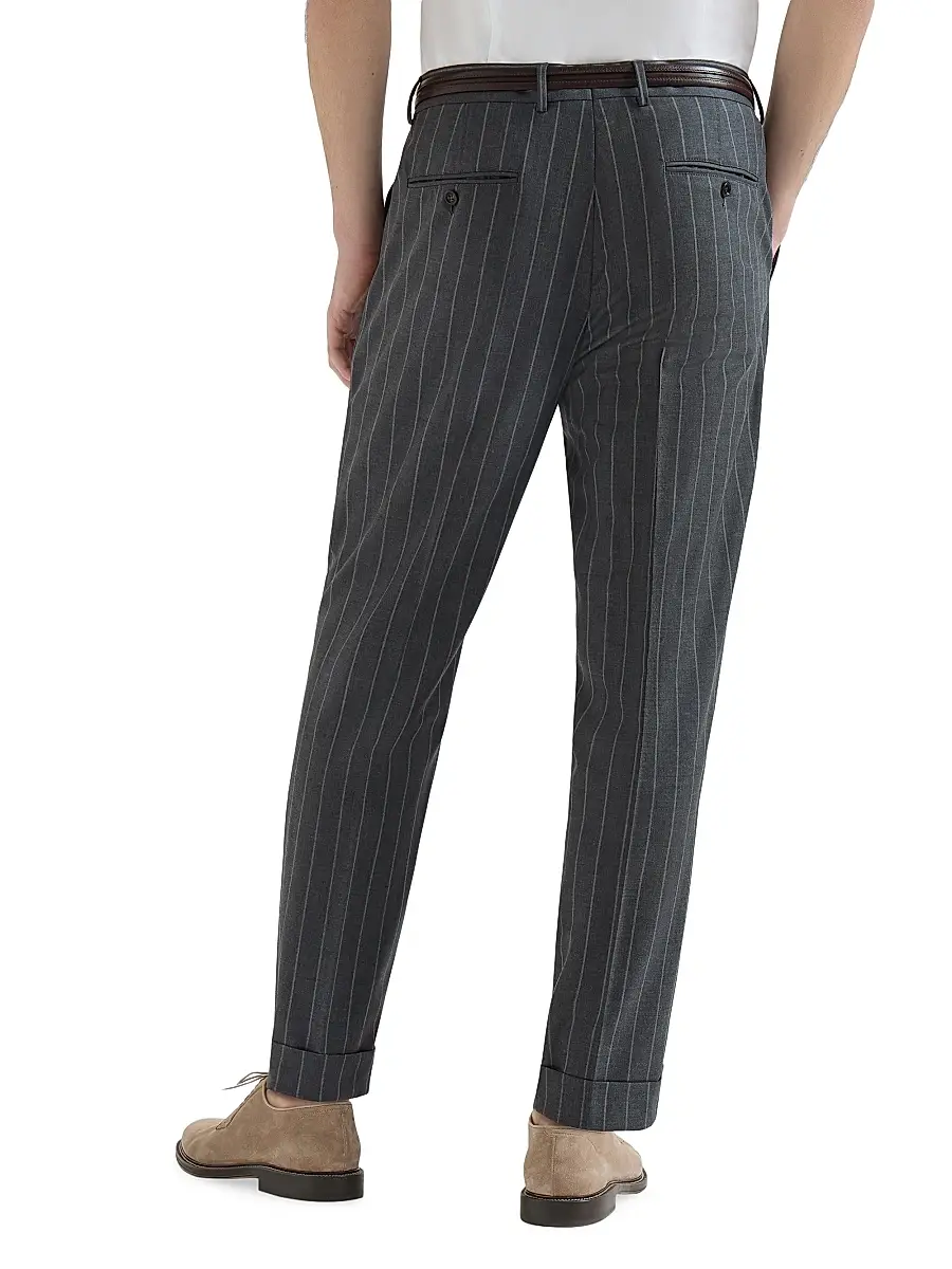 Brunello Cucinelli Men's Super 150s Virgin Wool Wide Chalk Stripe Batavia Trousers | Thumbnail 3 Brunello Cucinelli Men's Super 150s Virgin Wool Wide Chalk Stripe Batavia Trousers | Thumbnail 3