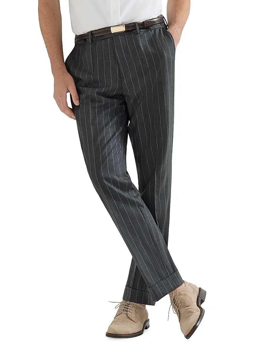 Brunello Cucinelli Men's Super 150s Virgin Wool Wide Chalk Stripe Batavia Trousers | Thumbnail 5 Brunello Cucinelli Men's Super 150s Virgin Wool Wide Chalk Stripe Batavia Trousers | Thumbnail 5