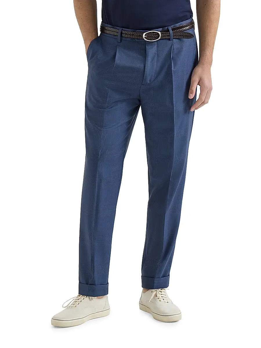 Brunello Cucinelli Men's Virgin Wool Prince of Wales Trousers with Pleats | Thumbnail 2 Brunello Cucinelli Men's Virgin Wool Prince of Wales Trousers with Pleats | Thumbnail 2