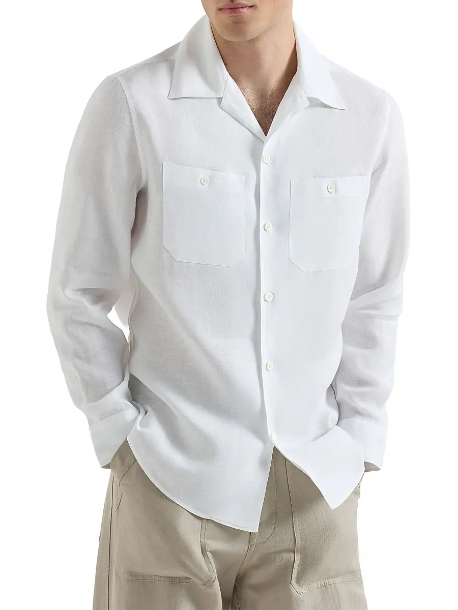 Brunello Cucinelli Men's Linen Easy Fit Shirt with Chest Pockets | Thumbnail 2 Brunello Cucinelli Men's Linen Easy Fit Shirt with Chest Pockets | Thumbnail 2