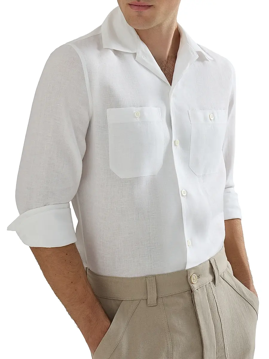 Brunello Cucinelli Men's Linen Easy Fit Shirt with Chest Pockets | Thumbnail 4 Brunello Cucinelli Men's Linen Easy Fit Shirt with Chest Pockets | Thumbnail 4