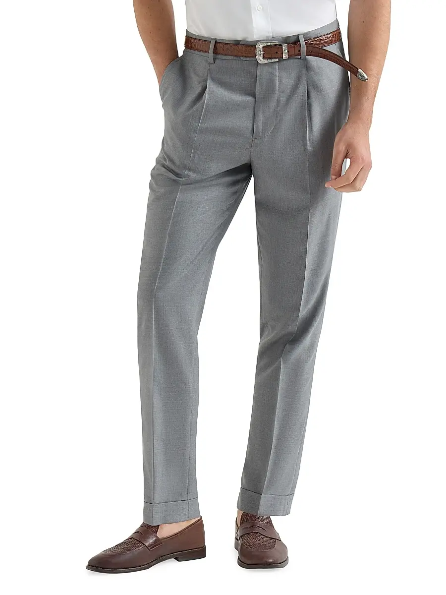 Brunello Cucinelli Men's Virgin Wool and Silk Lightweight Hopsack Trousers with Pleats | Thumbnail 2 Brunello Cucinelli Men's Virgin Wool and Silk Lightweight Hopsack Trousers with Pleats | Thumbnail 2
