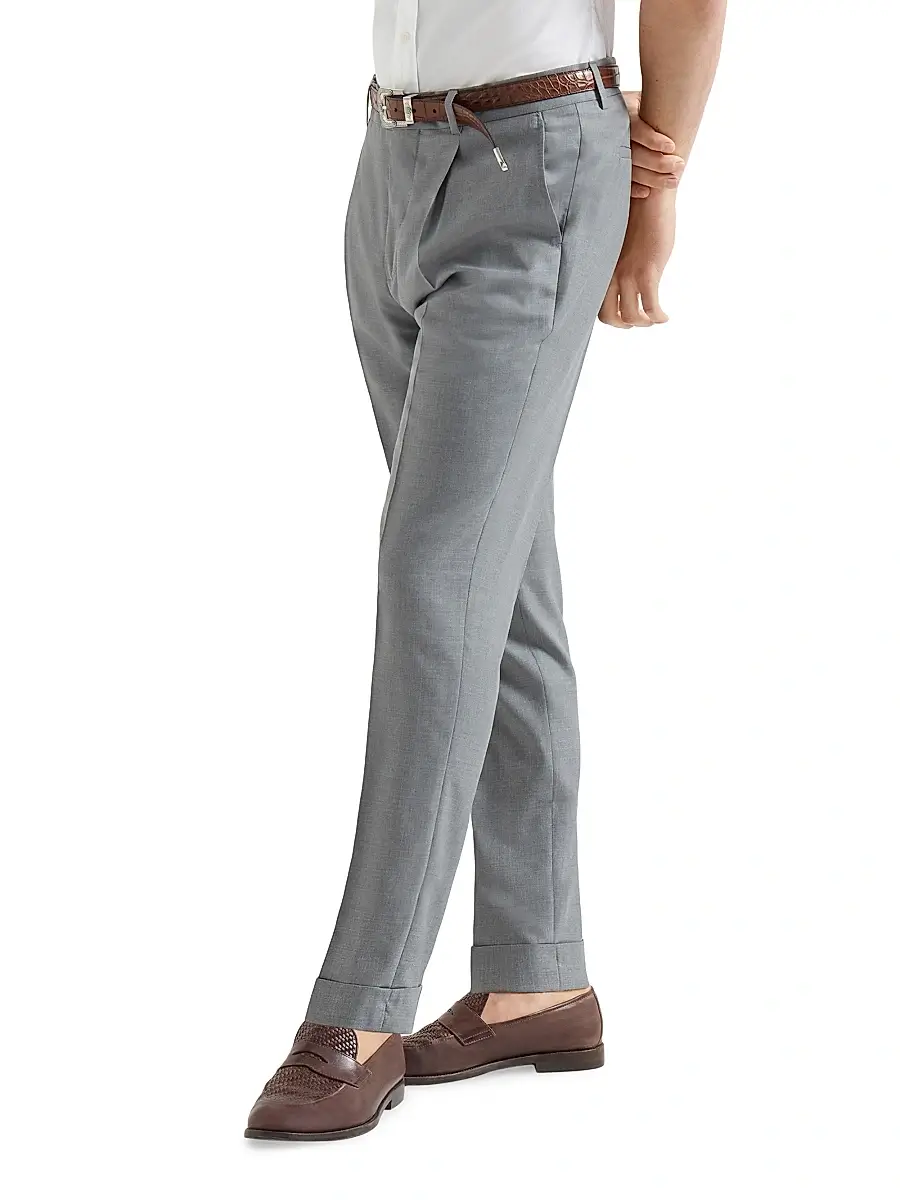 Brunello Cucinelli Men's Virgin Wool and Silk Lightweight Hopsack Trousers with Pleats | Thumbnail 3 Brunello Cucinelli Men's Virgin Wool and Silk Lightweight Hopsack Trousers with Pleats | Thumbnail 3