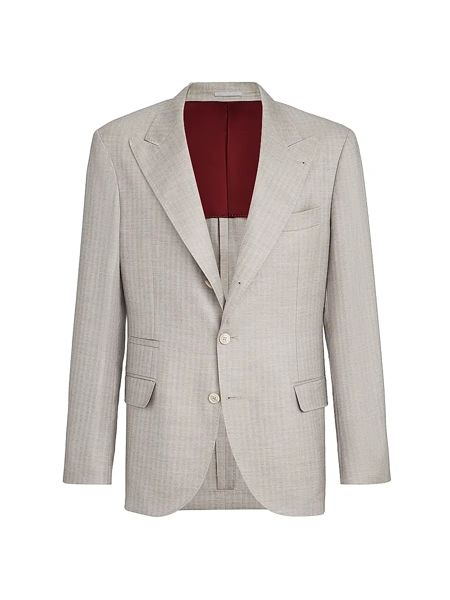 Brunello Cucinelli Men's Cashmere and Silk Chevron Deconstructed Blazer with Peak Lapels | Thumbnail 2