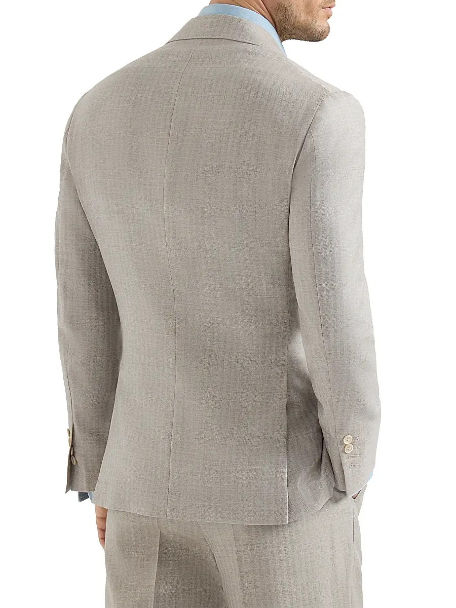 Brunello Cucinelli Men's Cashmere and Silk Chevron Deconstructed Blazer with Peak Lapels | Thumbnail 3