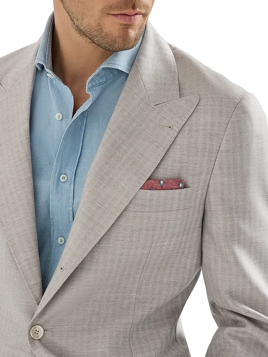 Brunello Cucinelli Men's Cashmere and Silk Chevron Deconstructed Blazer with Peak Lapels | Thumbnail 5