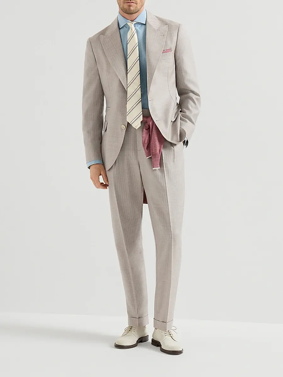 Brunello Cucinelli Men's Cashmere and Silk Chevron Deconstructed Blazer with Peak Lapels | Thumbnail 6