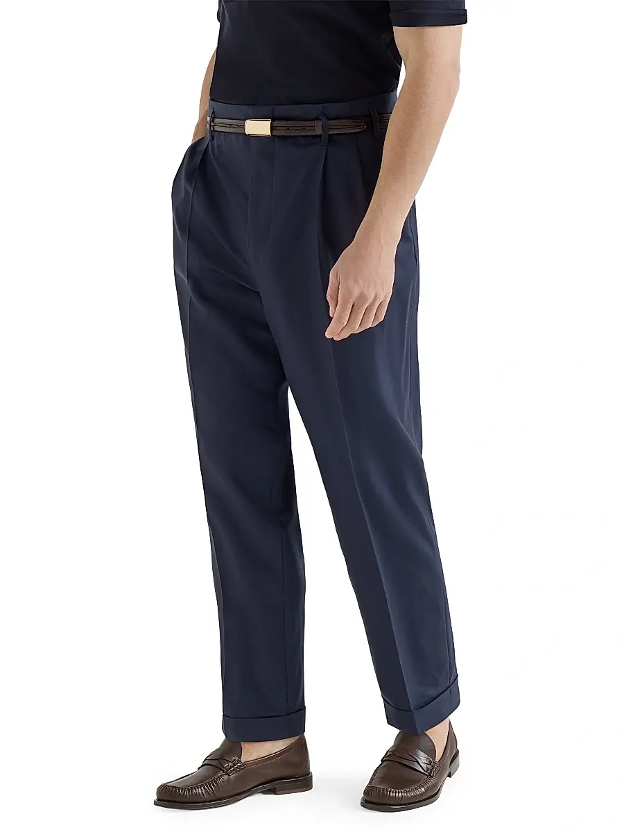 Brunello Cucinelli Men's Virgin Wool Chevron Trousers with Double Pleats - Navy Blue | Thumbnail 2 Brunello Cucinelli Men's Virgin Wool Chevron Trousers with Double Pleats - Navy Blue | Thumbnail 2