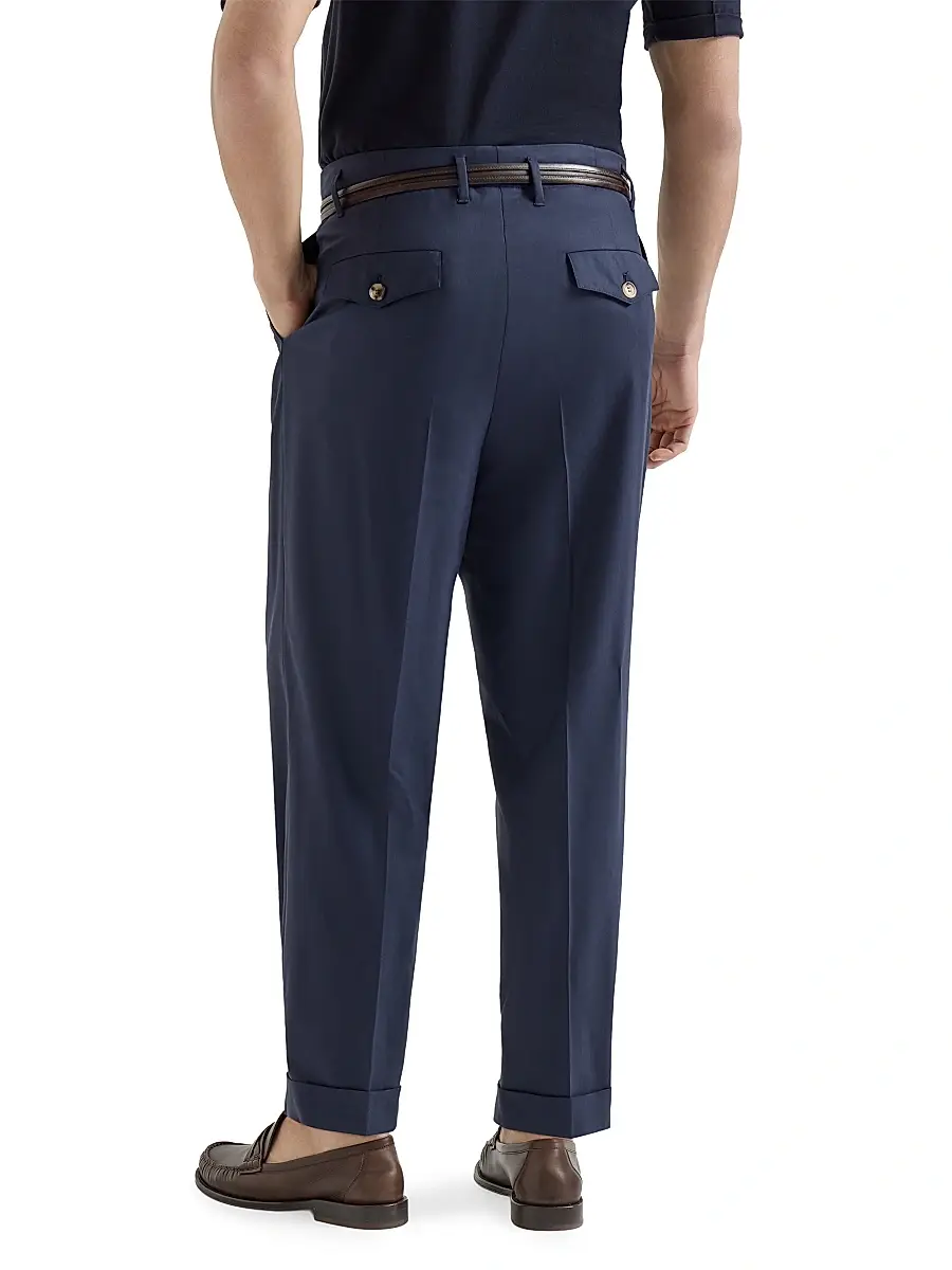 Brunello Cucinelli Men's Virgin Wool Chevron Trousers with Double Pleats - Navy Blue | Thumbnail 3 Brunello Cucinelli Men's Virgin Wool Chevron Trousers with Double Pleats - Navy Blue | Thumbnail 3