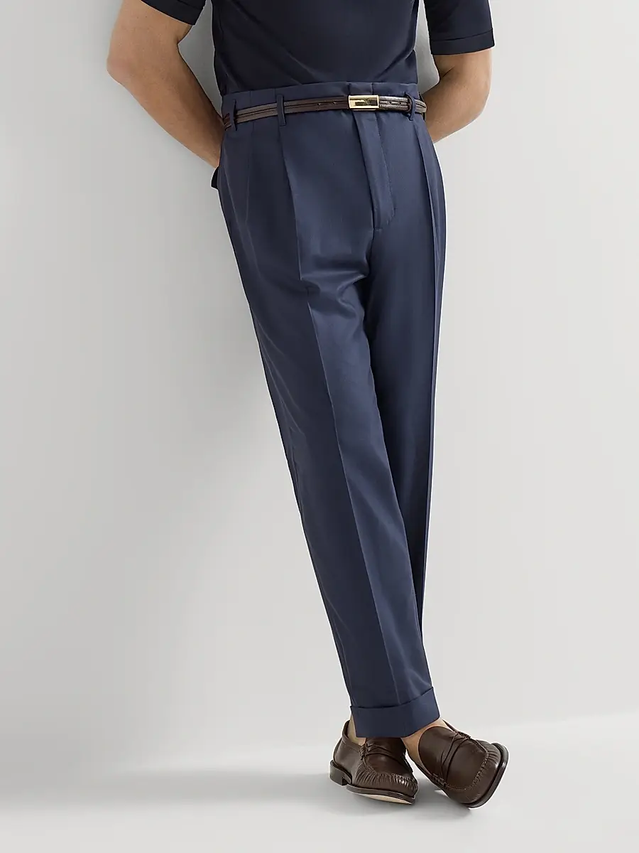 Brunello Cucinelli Men's Virgin Wool Chevron Trousers with Double Pleats - Navy Blue | Thumbnail 5 Brunello Cucinelli Men's Virgin Wool Chevron Trousers with Double Pleats - Navy Blue | Thumbnail 5