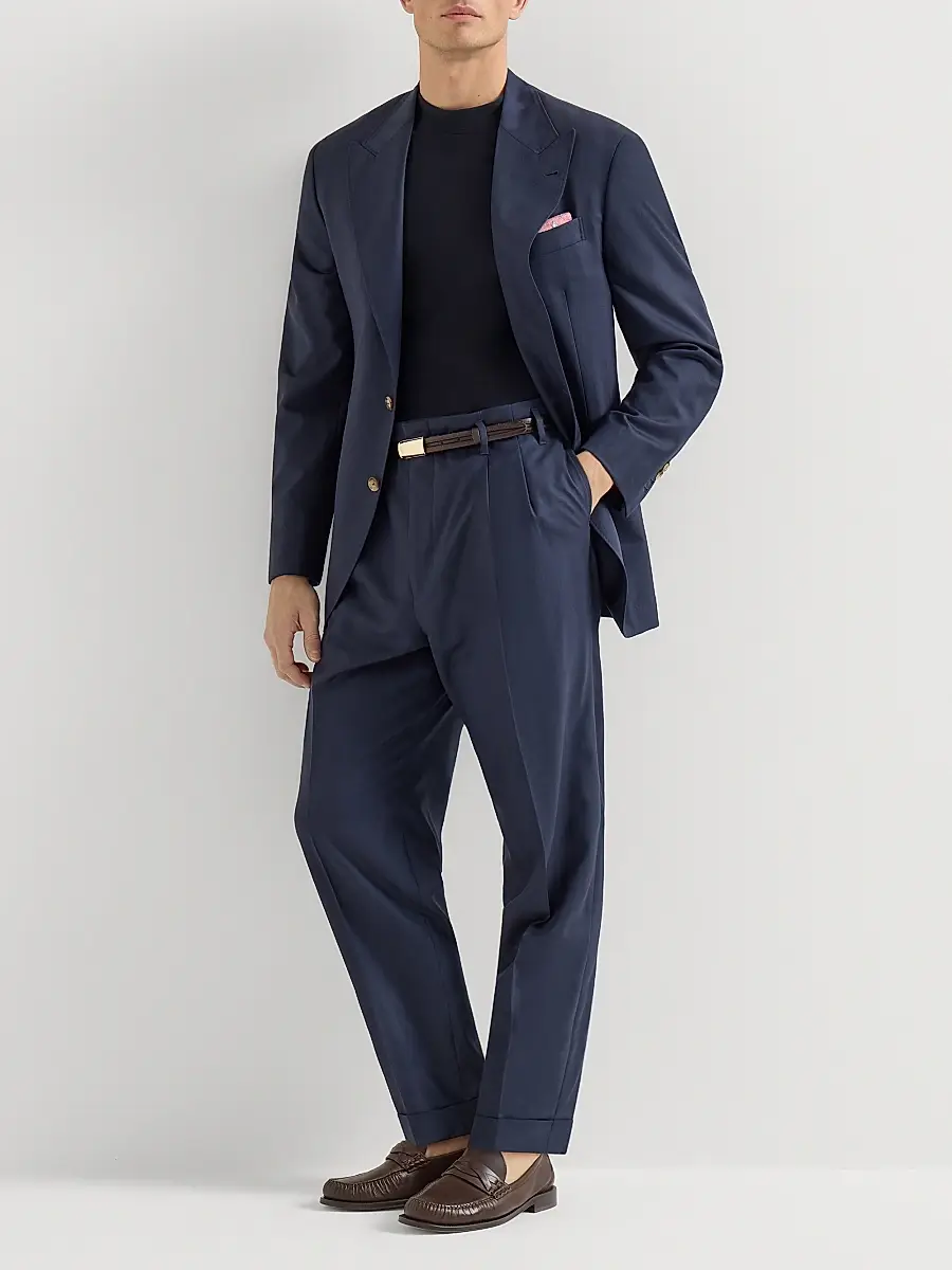 Brunello Cucinelli Men's Virgin Wool Chevron Trousers with Double Pleats - Navy Blue | Thumbnail 6 Brunello Cucinelli Men's Virgin Wool Chevron Trousers with Double Pleats - Navy Blue | Thumbnail 6