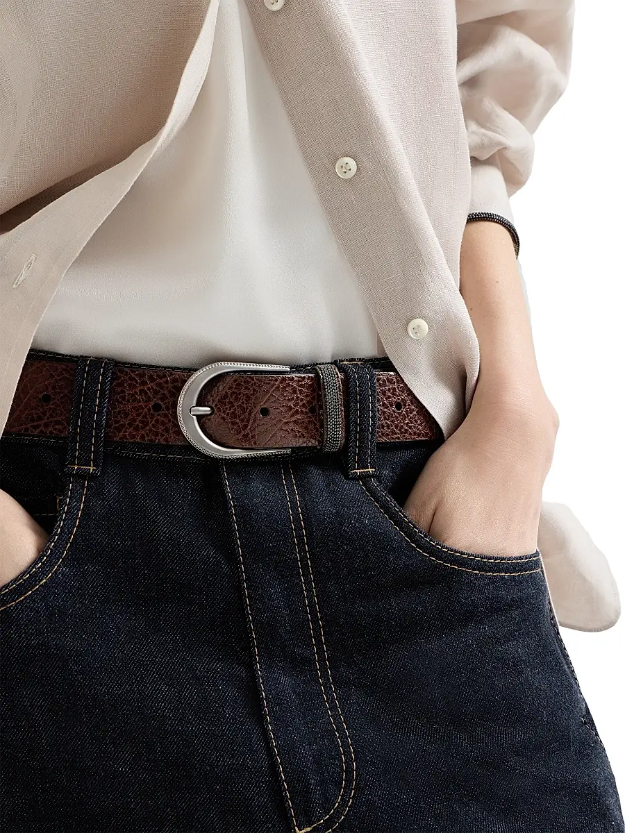 Brunello Cucinelli Women's Glossy Hammered Calfskin Belt with Monili | Thumbnail 2 Brunello Cucinelli Women's Glossy Hammered Calfskin Belt with Monili | Thumbnail 2