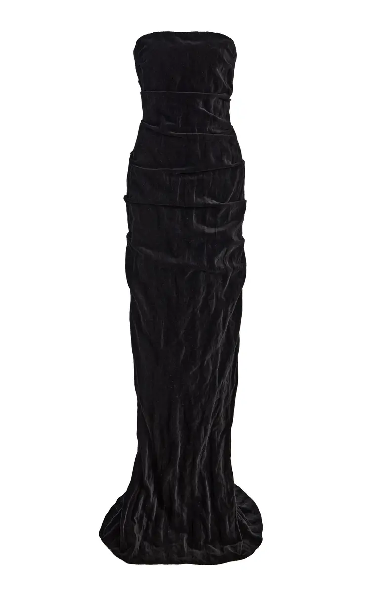COLLEEN ALLEN Strapless Gathered Velvet Maxi Dress