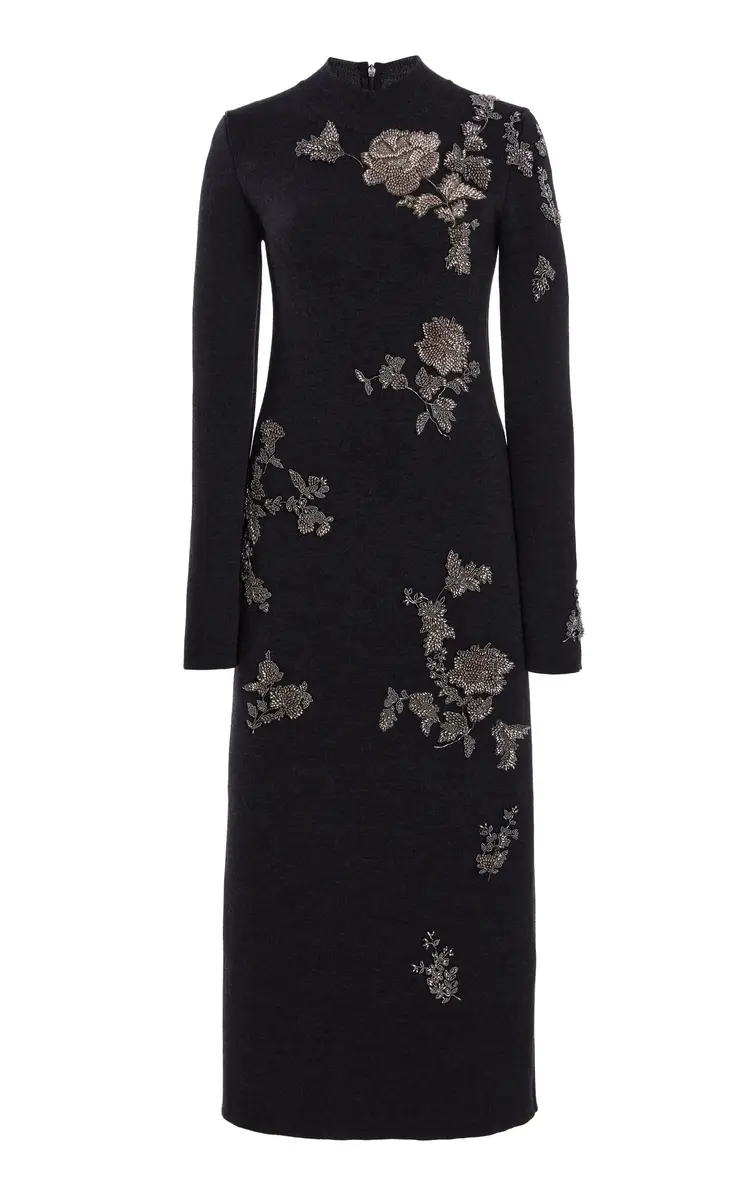 Oscar de la Renta Embroidered Knit Midi Dress