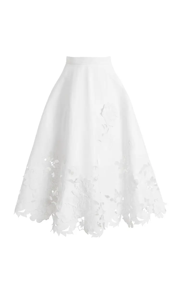 Oscar de la Renta Embroidered Cotton-Twill Midi Skirt