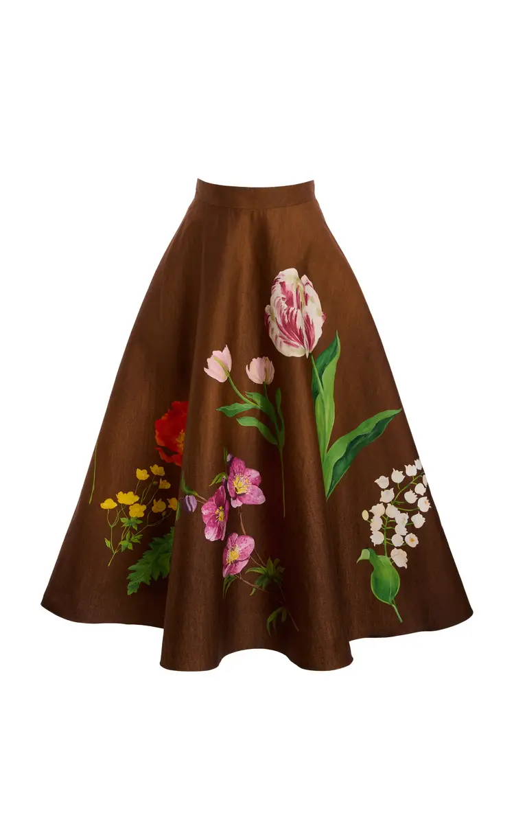 Oscar de la Renta Botanical Stretch-Cotton Midi Circle Skirt | Thumbnail 2