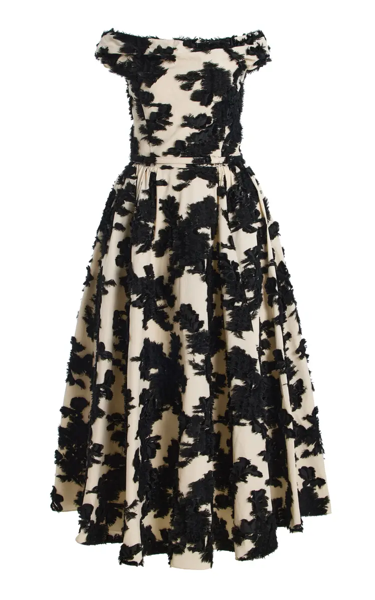 Oscar de la Renta Off-The-Shoulder Abstract Fil Coupe Midi Dress | Image 1 Oscar de la Renta Off-The-Shoulder Abstract Fil Coupe Midi Dress | Image 1