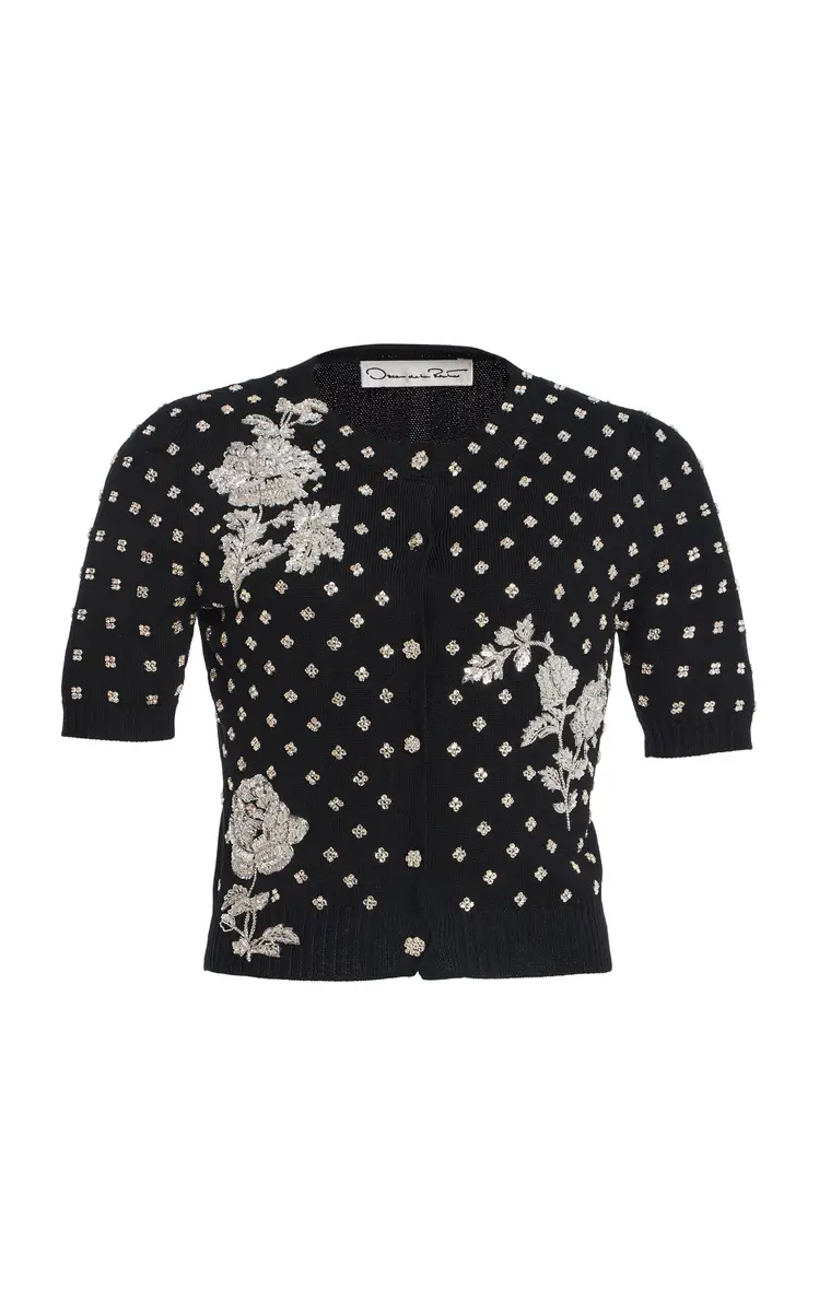 Oscar de la Renta Floral Crystal-Embroidered Wool Cardigan