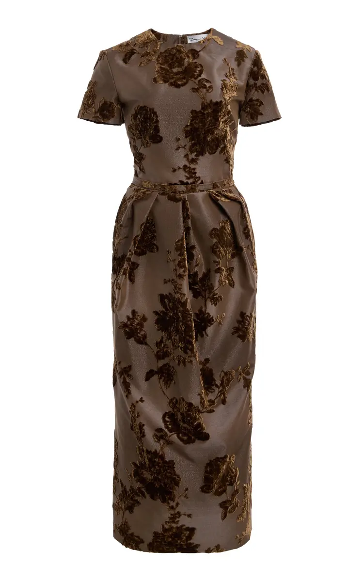 Oscar de la Renta Peony Velvet-Jacquard Midi Cocktail Dress | Image 1 Oscar de la Renta Peony Velvet-Jacquard Midi Cocktail Dress | Image 1