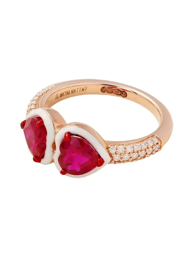 Twin Heart 18-karat Rose Gold, Ruby, Diamond And Enamel Ring