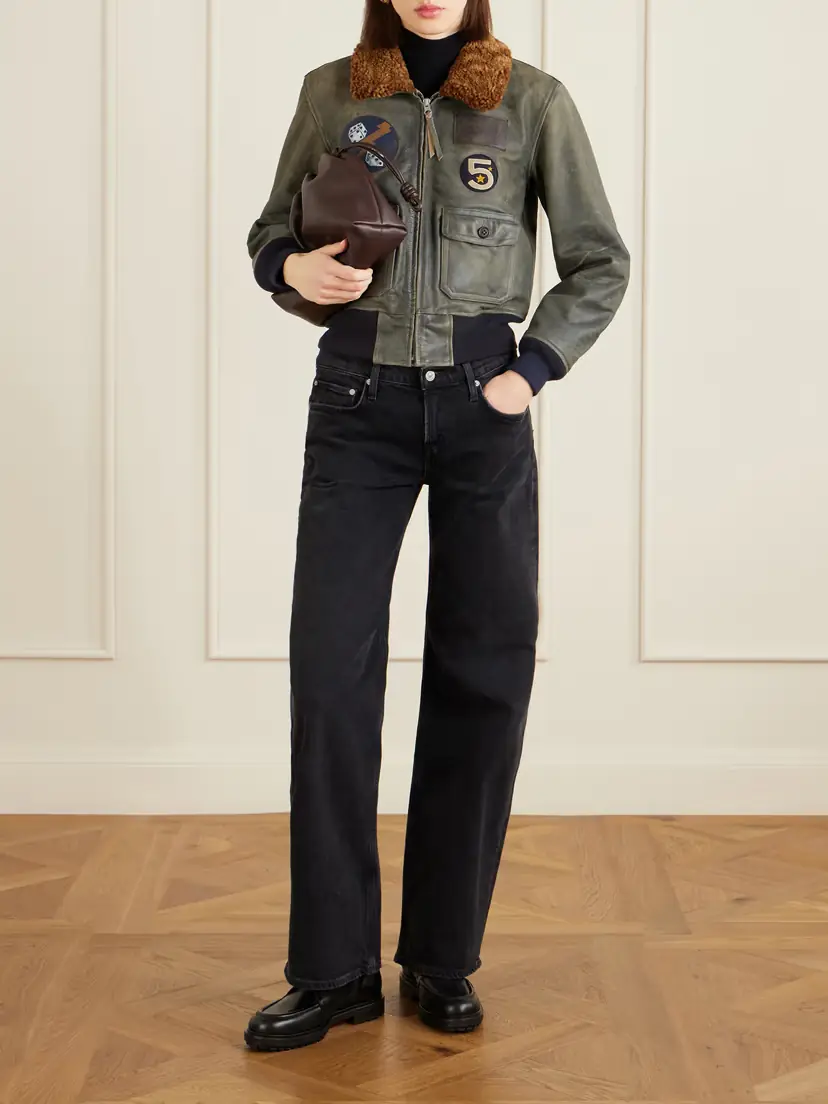 RRL Harper Plush-trimmed Appliquéd Leather Bomber Jacket | Thumbnail 2 RRL Harper Plush-trimmed Appliquéd Leather Bomber Jacket | Thumbnail 2