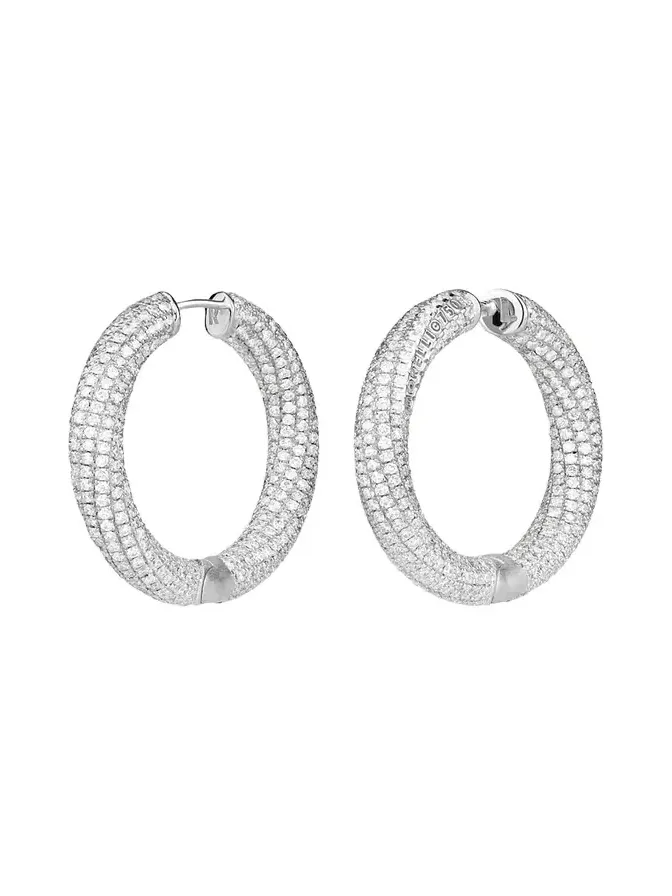 18K White Gold Ultimate Pave Diamond Hoop Earrings, 30mm 18K White Gold Ultimate Pave Diamond Hoop Earrings, 30mm